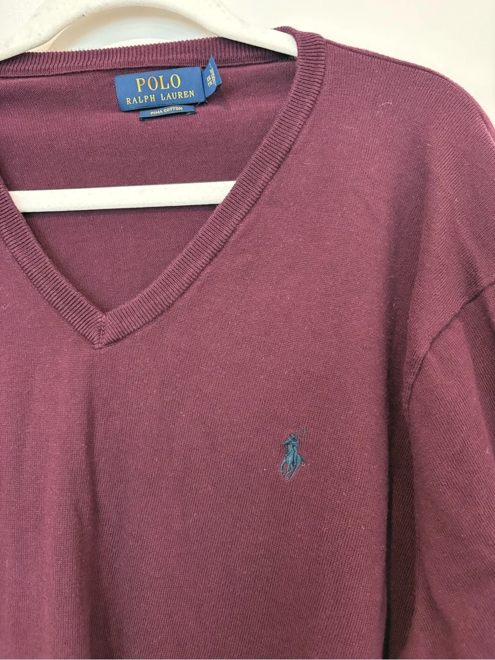 Polo Ralph Lauren Burgundy V-Neck Sweater Pony Logo Pima Cotton Preppy Classic